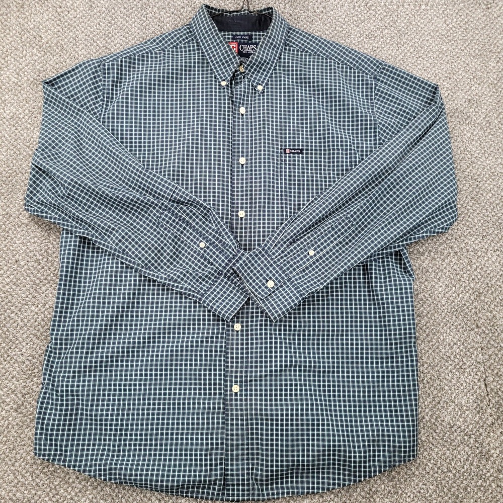 Chaps Mens XL Blue White Grid Check Easy Care Button Down Shirt Long Sleeve